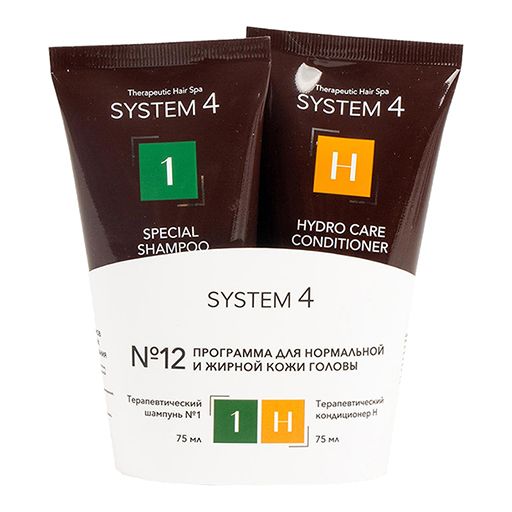 System 4 Программа №12 для нормальной и жирной кожи головы, набор, шампунь + кондиционер, 75 мл, 2 шт.