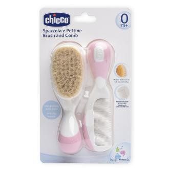 Chicco Набор детский натуральная щетина расческа щетка, набор, розового цвета, 1 шт.